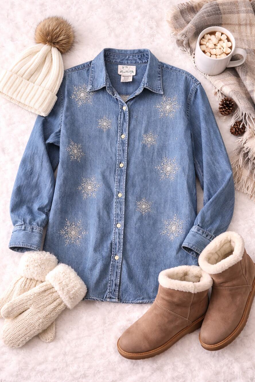 Vintage Quacker Factory Denim Button Up Shirt Snowflakes Oversized Blue SZ L